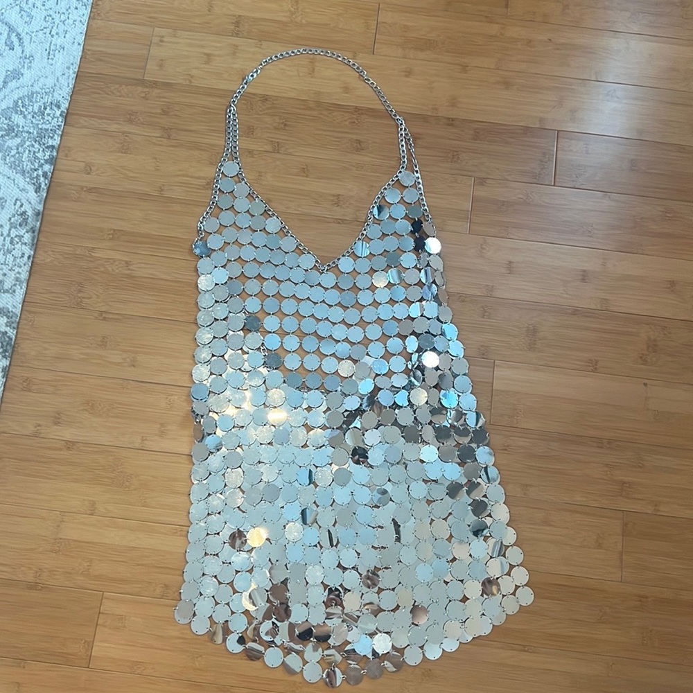 Silver chain mail mirror ball disco mini dress